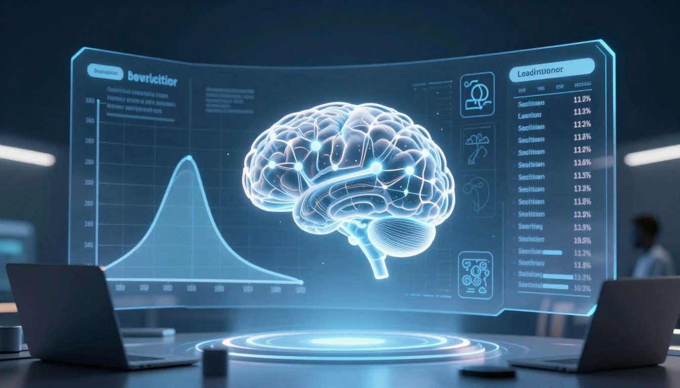 A holographic brain is displayed between two laptops in a dimly lit room. The brain is surrounded by digital graphs and data on a transparent screen, indicating a futuristic or tech-focused setting.