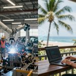 On the left, a robotic arm welds in a factory with workers in orange vests. On the right, a woman with headphones works on a laptop, coding by the beach.