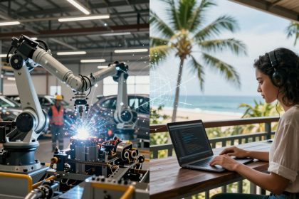 On the left, a robotic arm welds in a factory with workers in orange vests. On the right, a woman with headphones works on a laptop, coding by the beach.