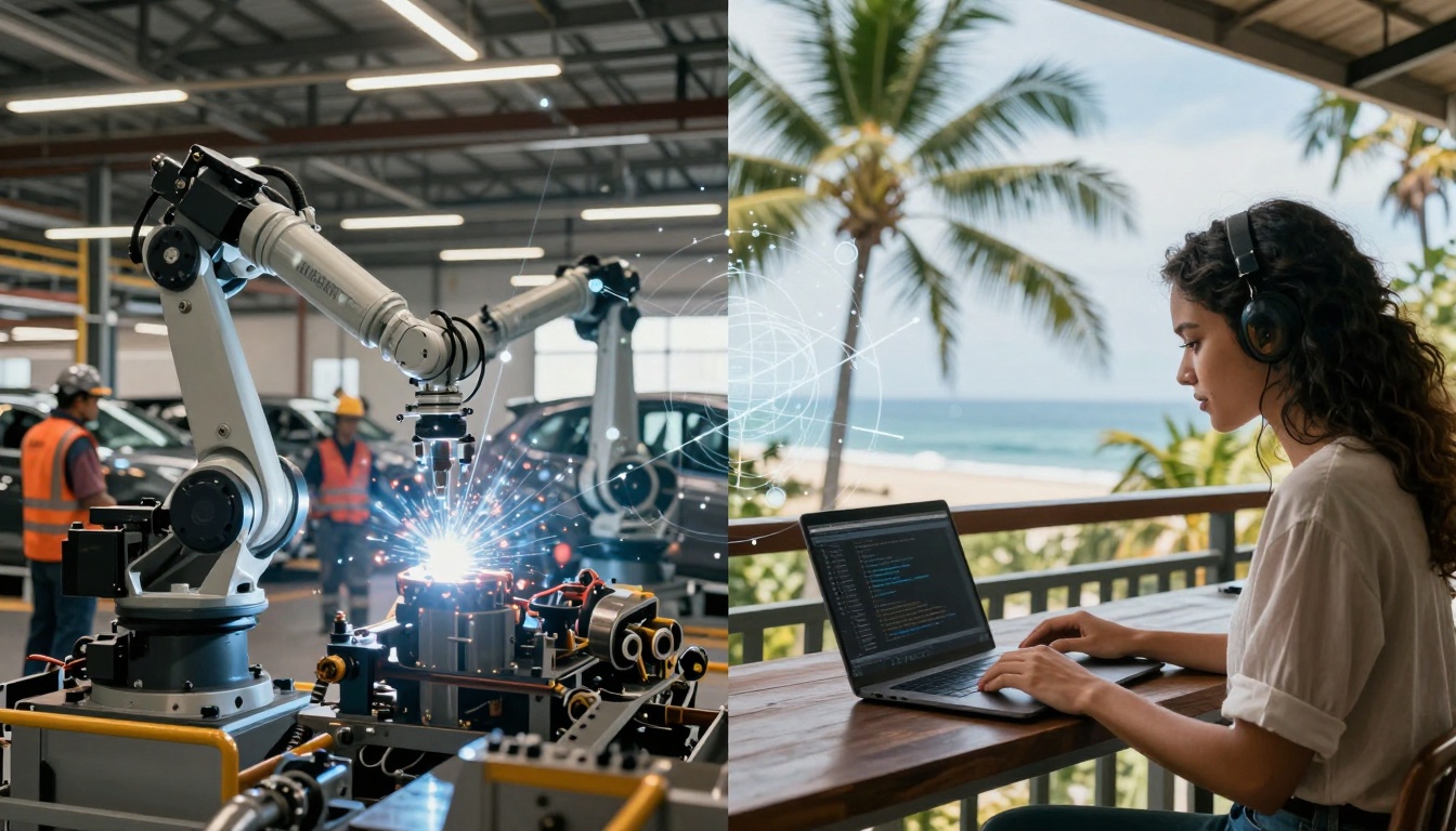 On the left, a robotic arm welds in a factory with workers in orange vests. On the right, a woman with headphones works on a laptop, coding by the beach.