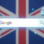 A Google search bar is centered on the image, set against a blurred Union Jack flag background. Surrounding the search bar are glowing blue brain icons, suggesting a theme of technology or AI.