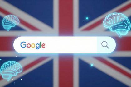 A Google search bar is centered on the image, set against a blurred Union Jack flag background. Surrounding the search bar are glowing blue brain icons, suggesting a theme of technology or AI.