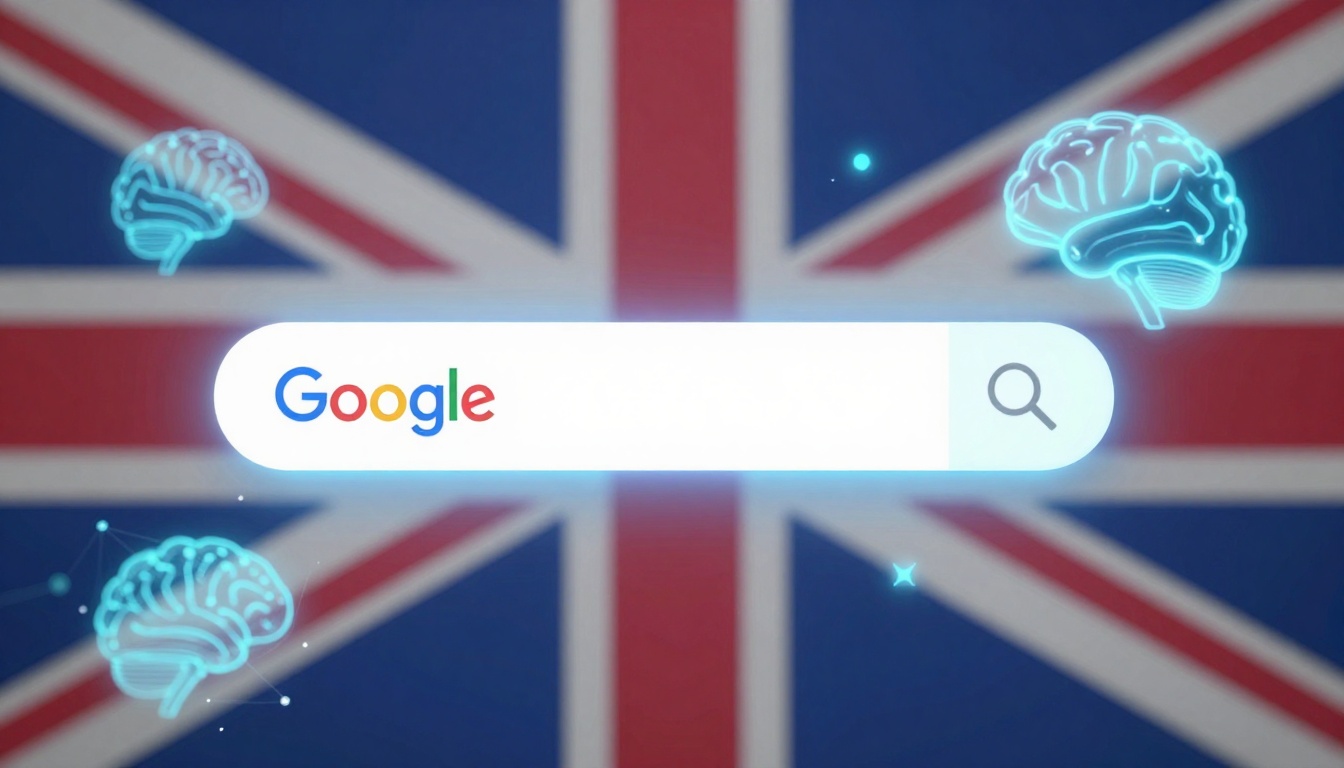 A Google search bar is centered on the image, set against a blurred Union Jack flag background. Surrounding the search bar are glowing blue brain icons, suggesting a theme of technology or AI.