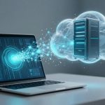 A laptop on a desk displays digital data transferring to a cloud-shaped server. Blue light effects suggest a data connection.