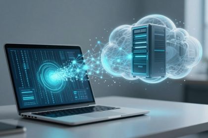 A laptop on a desk displays digital data transferring to a cloud-shaped server. Blue light effects suggest a data connection.