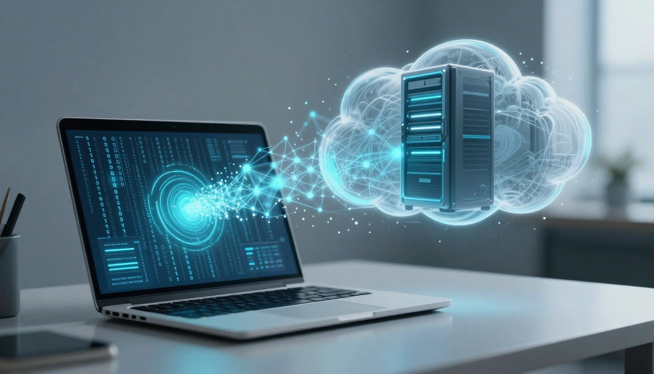 A laptop on a desk displays digital data transferring to a cloud-shaped server. Blue light effects suggest a data connection.