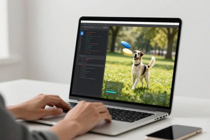 A person uses a laptop displaying a photo of a dog in a park catching a frisbee. Nearby is a smartphone and a small potted plant.