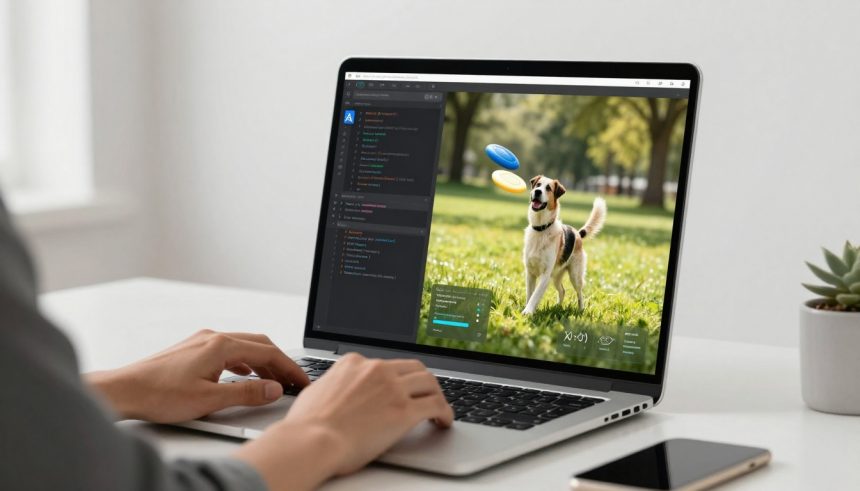 A person uses a laptop displaying a photo of a dog in a park catching a frisbee. Nearby is a smartphone and a small potted plant.