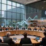 A large conference room with a circular table surrounded by diverse individuals in formal attire, wearing headsets. A digital wave graphic is displayed above, and the United Nations emblem is visible on a screen. The room has floor-to-ceiling windows and additional attendees seated in the background.
