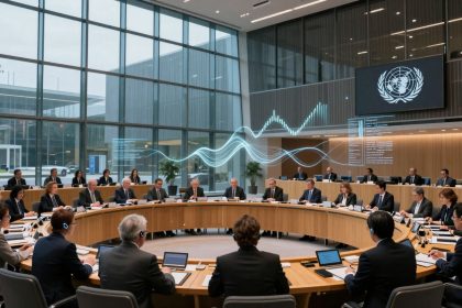 A large conference room with a circular table surrounded by diverse individuals in formal attire, wearing headsets. A digital wave graphic is displayed above, and the United Nations emblem is visible on a screen. The room has floor-to-ceiling windows and additional attendees seated in the background.