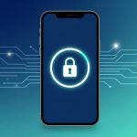 Smartphone displaying a padlock icon within a glowing circle on a blue background with circuit-like lines extending outward.