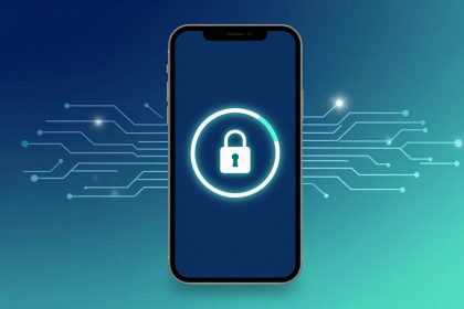 Smartphone displaying a padlock icon within a glowing circle on a blue background with circuit-like lines extending outward.