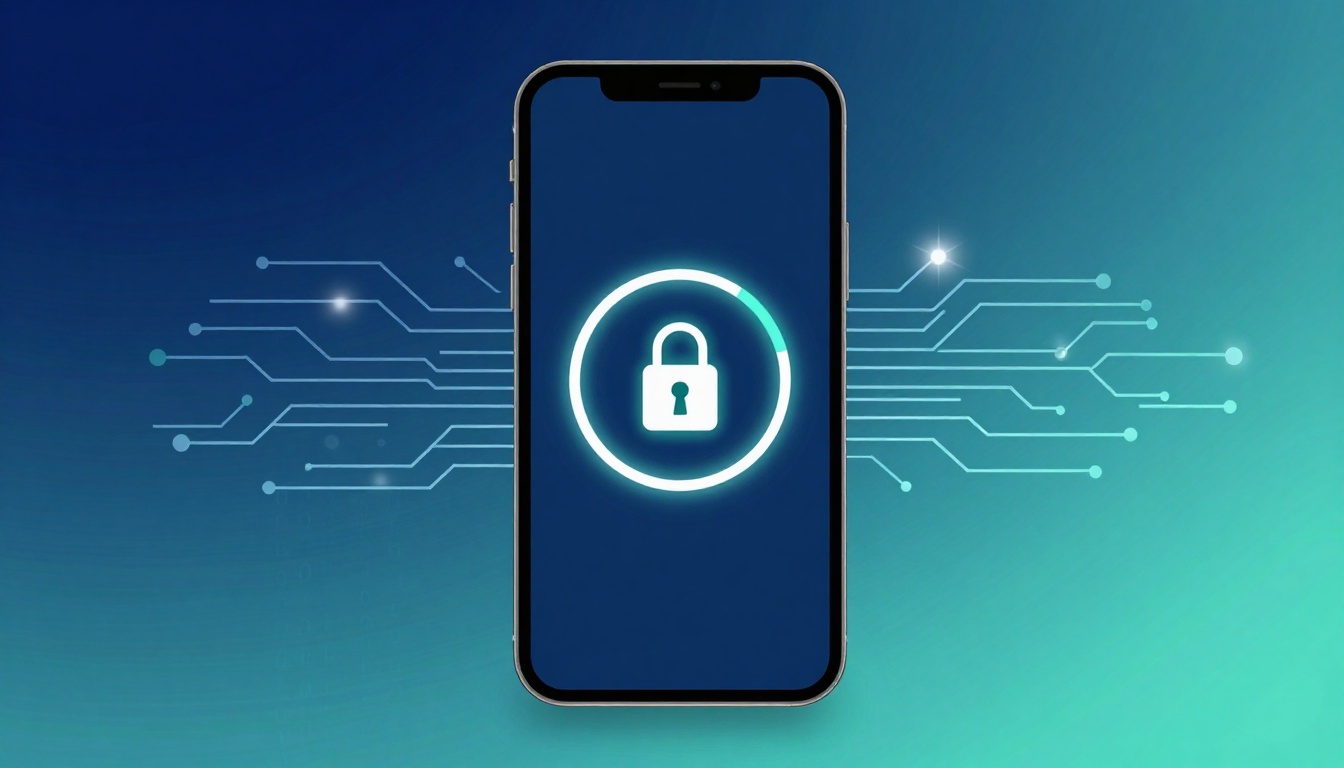 Smartphone displaying a padlock icon within a glowing circle on a blue background with circuit-like lines extending outward.