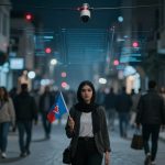 A woman in a hijab holds a flag with a star logo, walking on a busy street at night. Surveillance cameras and digital data overlays are visible above her. A cracked smartphone screen is seen on the right.