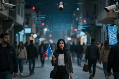 A woman in a hijab holds a flag with a star logo, walking on a busy street at night. Surveillance cameras and digital data overlays are visible above her. A cracked smartphone screen is seen on the right.