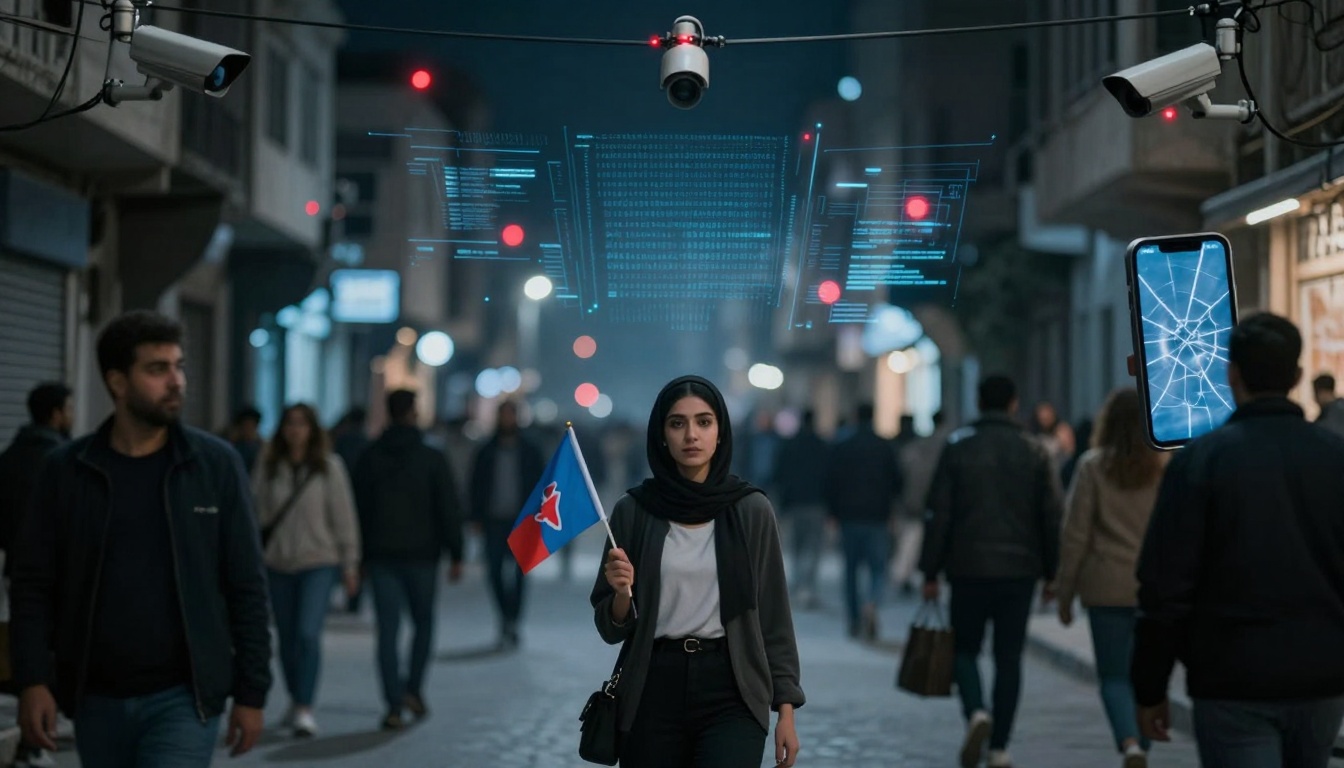 A woman in a hijab holds a flag with a star logo, walking on a busy street at night. Surveillance cameras and digital data overlays are visible above her. A cracked smartphone screen is seen on the right.