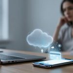 A woman sits at a table with a laptop and smartphone. A digital cloud icon hovers above the phone, indicating data transfer or cloud computing.
