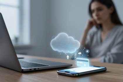 A woman sits at a table with a laptop and smartphone. A digital cloud icon hovers above the phone, indicating data transfer or cloud computing.