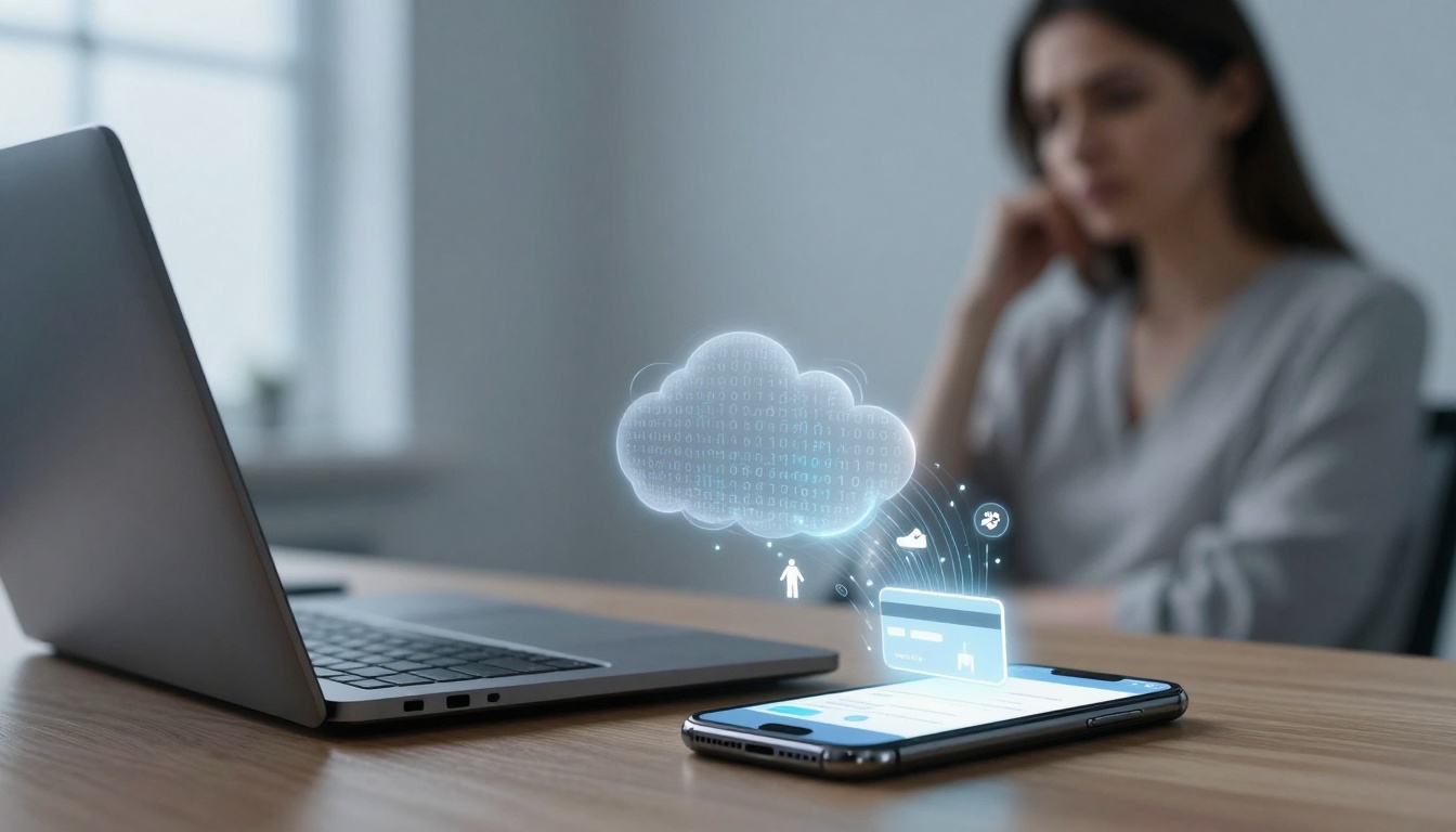 A woman sits at a table with a laptop and smartphone. A digital cloud icon hovers above the phone, indicating data transfer or cloud computing.