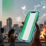 A group of people stand outdoors at dusk, looking at their phones. A hand holds a smartphone with the Nigerian flag on the screen. Social media icons float around the phone. A city skyline and a fire are visible in the background.