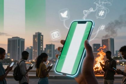 A group of people stand outdoors at dusk, looking at their phones. A hand holds a smartphone with the Nigerian flag on the screen. Social media icons float around the phone. A city skyline and a fire are visible in the background.