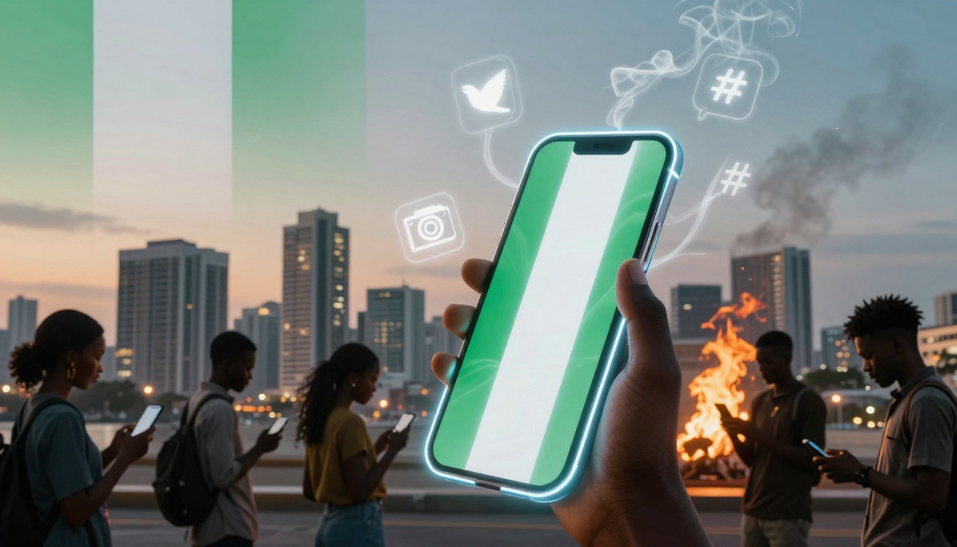 A group of people stand outdoors at dusk, looking at their phones. A hand holds a smartphone with the Nigerian flag on the screen. Social media icons float around the phone. A city skyline and a fire are visible in the background.