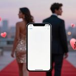 A man and woman in formal attire walk away on a red carpet with a city skyline in the background. An oversized smartphone displaying a blank screen is in the foreground, surrounded by emoji hearts and a broken heart.