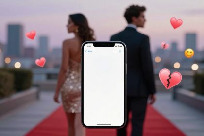 A man and woman in formal attire walk away on a red carpet with a city skyline in the background. An oversized smartphone displaying a blank screen is in the foreground, surrounded by emoji hearts and a broken heart.