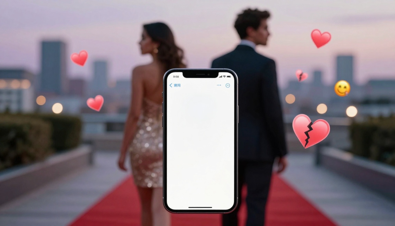 A man and woman in formal attire walk away on a red carpet with a city skyline in the background. An oversized smartphone displaying a blank screen is in the foreground, surrounded by emoji hearts and a broken heart.