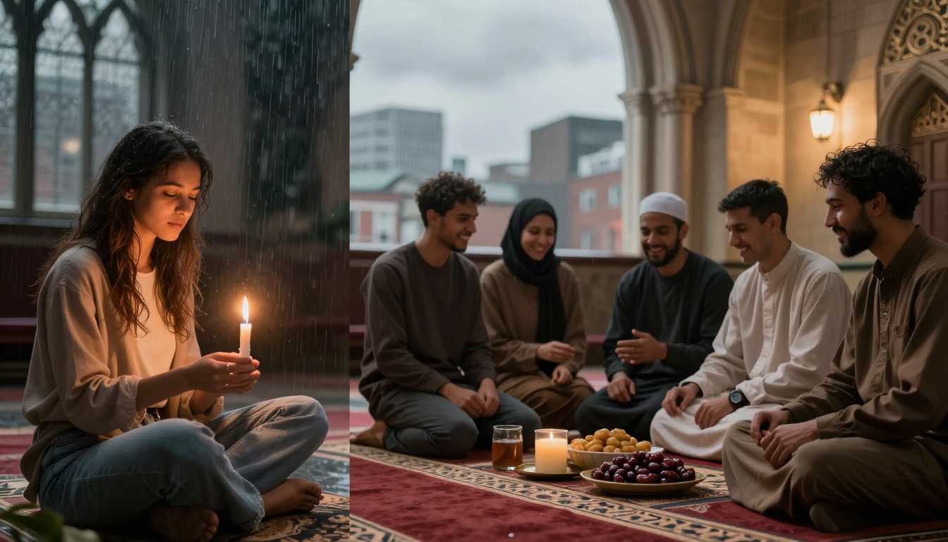 A woman sits cross-legged holding a lit candle, with rain falling around her. On the right, a group of five people sit on a patterned carpet in an arched room, smiling and chatting. A tray with food and candles is placed in front of them. The background shows a cityscape through large windows.
