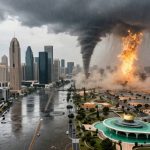 A dramatic cityscape shows a tornado and a fire vortex near skyscrapers. Dark storm clouds loom overhead, and the streets below are wet, reflecting the stormy weather. Trees and low-rise buildings surround the urban area.