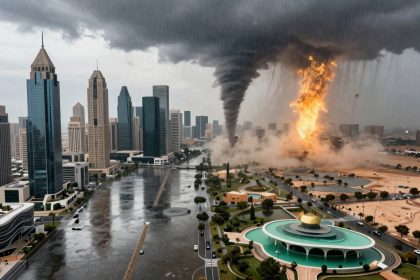 A dramatic cityscape shows a tornado and a fire vortex near skyscrapers. Dark storm clouds loom overhead, and the streets below are wet, reflecting the stormy weather. Trees and low-rise buildings surround the urban area.