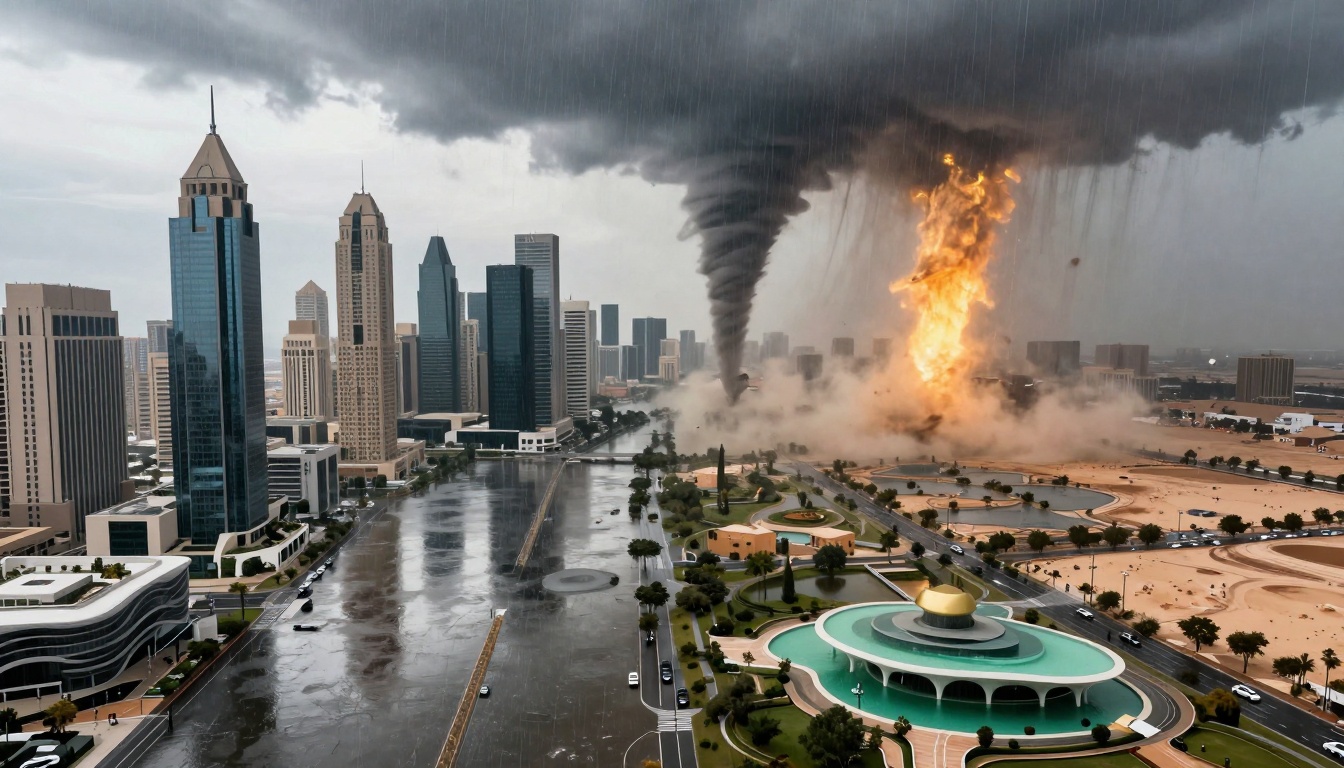 A dramatic cityscape shows a tornado and a fire vortex near skyscrapers. Dark storm clouds loom overhead, and the streets below are wet, reflecting the stormy weather. Trees and low-rise buildings surround the urban area.