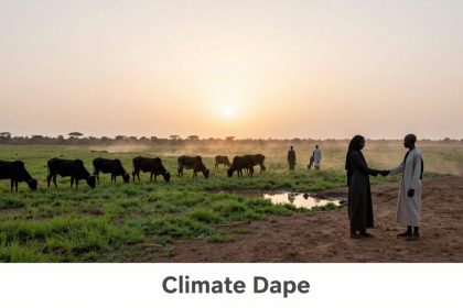 Two people shake hands in a grassy field with cattle grazing nearby. The sun is setting, casting a warm glow. "Climate Dape" text below.