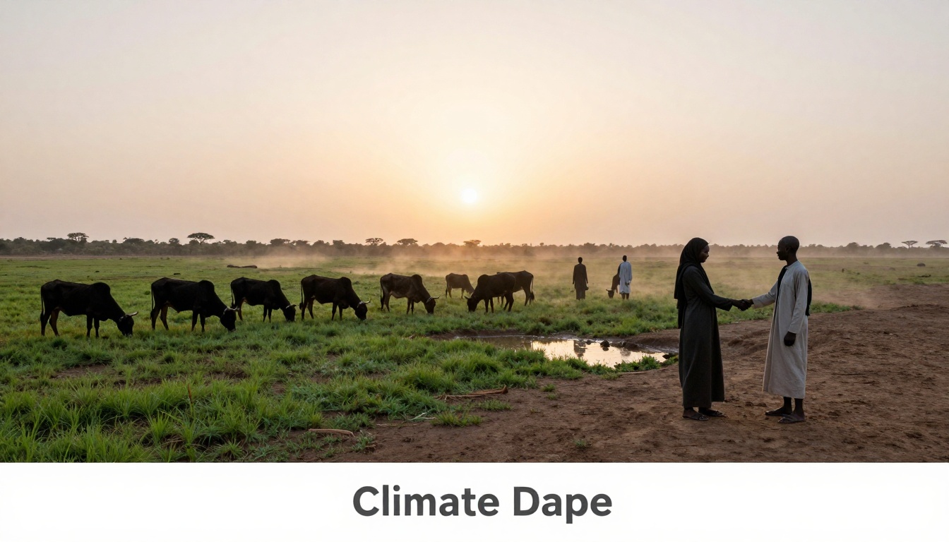 Two people shake hands in a grassy field with cattle grazing nearby. The sun is setting, casting a warm glow. "Climate Dape" text below.