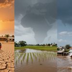 A triptych showing climate impacts: Left panel has people walking on cracked earth under a setting sun, illustrating drought. Middle panel depicts flooded rice fields with dark clouds, symbolizing extreme weather. Right panel shows houses amidst rising floodwaters with a boat, representing flooding. A map overlay of the world is subtly visible in the background.