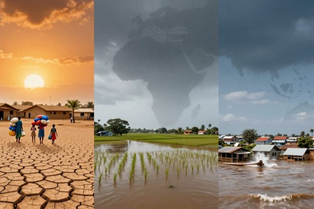 A triptych showing climate impacts: Left panel has people walking on cracked earth under a setting sun, illustrating drought. Middle panel depicts flooded rice fields with dark clouds, symbolizing extreme weather. Right panel shows houses amidst rising floodwaters with a boat, representing flooding. A map overlay of the world is subtly visible in the background.