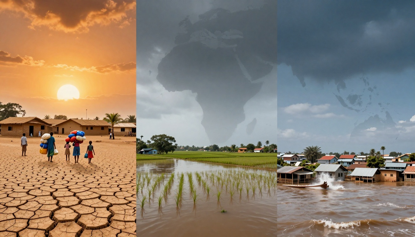 A triptych showing climate impacts: Left panel has people walking on cracked earth under a setting sun, illustrating drought. Middle panel depicts flooded rice fields with dark clouds, symbolizing extreme weather. Right panel shows houses amidst rising floodwaters with a boat, representing flooding. A map overlay of the world is subtly visible in the background.