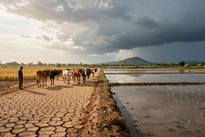 A herd of cows walks along a cracked dirt path beside flooded rice paddies. A person follows them under a cloudy sky with distant hills.