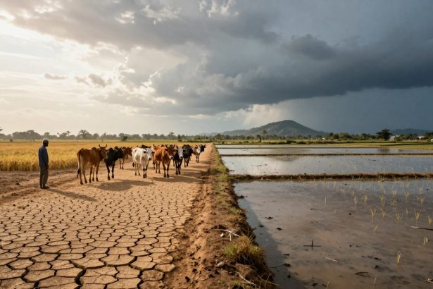 A herd of cows walks along a cracked dirt path beside flooded rice paddies. A person follows them under a cloudy sky with distant hills.