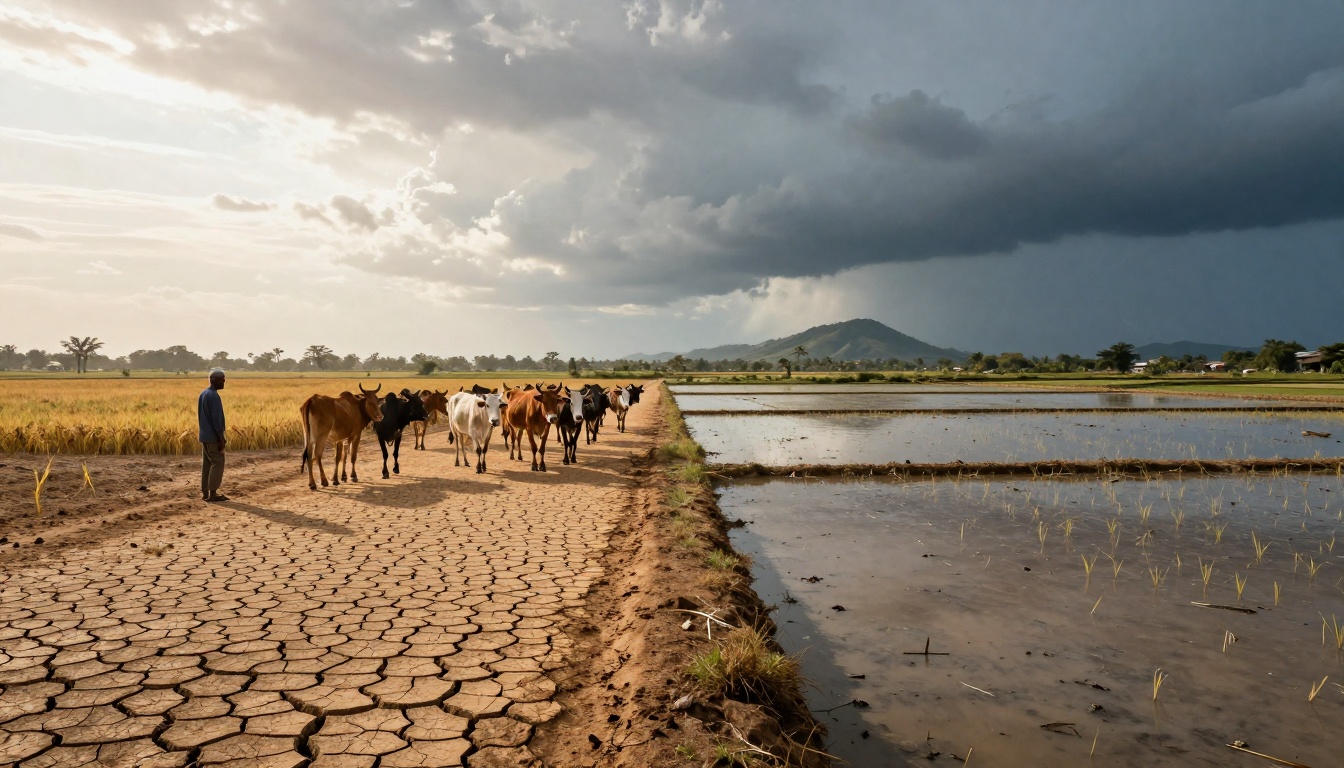 A herd of cows walks along a cracked dirt path beside flooded rice paddies. A person follows them under a cloudy sky with distant hills.