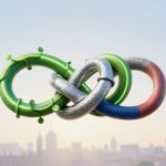 Three interlocked rings with distinct textures and colors float over a blurred cityscape. One ring is green with leaf-like protrusions, another is metallic silver with circuit patterns, and the third is striped red, white, and blue. The background shows a clear sky.