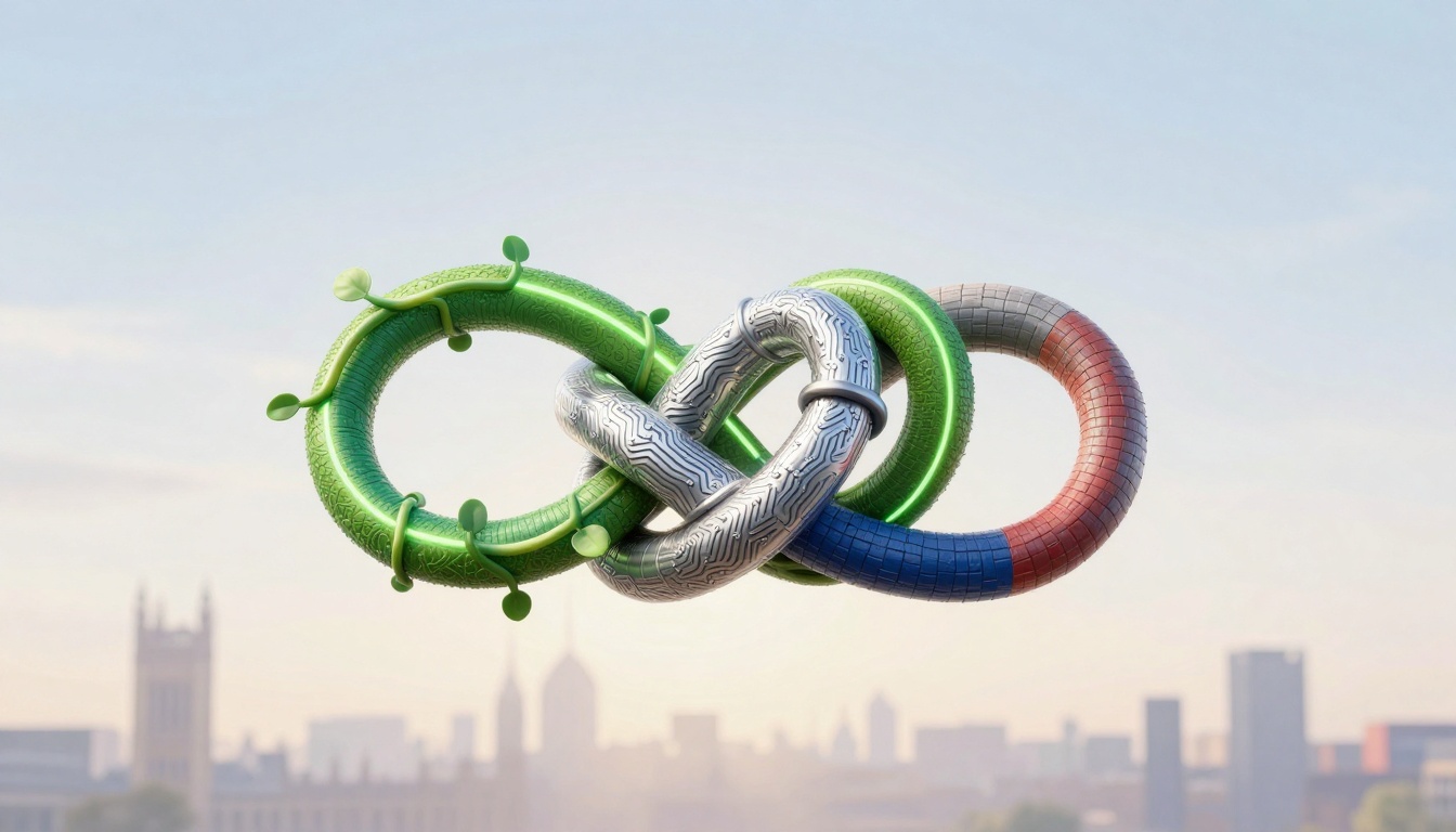 Three interlocked rings with distinct textures and colors float over a blurred cityscape. One ring is green with leaf-like protrusions, another is metallic silver with circuit patterns, and the third is striped red, white, and blue. The background shows a clear sky.