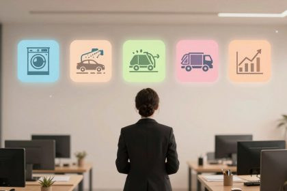 A person in a suit faces five glowing icons in an office: a washing machine, car wash, car service, truck, and growth chart. Desks and computers are visible.