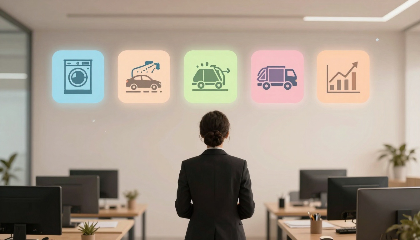 A person in a suit faces five glowing icons in an office: a washing machine, car wash, car service, truck, and growth chart. Desks and computers are visible.