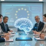 A conference room with six people in formal attire sitting at a table, taking notes. A holographic brain and scales of justice float above a tablet. A European Union flag is displayed on a screen in the background.