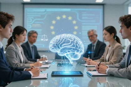 A conference room with six people in formal attire sitting at a table, taking notes. A holographic brain and scales of justice float above a tablet. A European Union flag is displayed on a screen in the background.