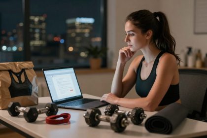 A woman in a black sports bra sits at a desk, focused on a laptop. Dumbbells, a yoga mat, and a paper bag are on the table. City lights are visible through a window at night.
