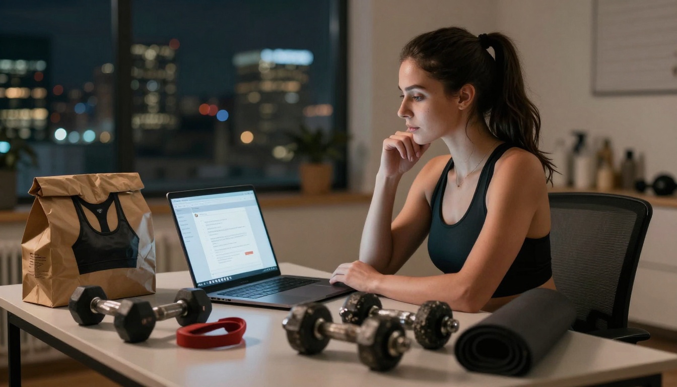 A woman in a black sports bra sits at a desk, focused on a laptop. Dumbbells, a yoga mat, and a paper bag are on the table. City lights are visible through a window at night.
