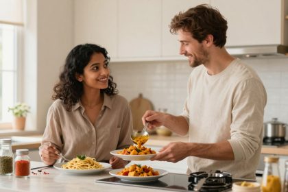 A woman and a man are in a kitchen. The woman is holding a fork by a plate of spaghetti, smiling at the man. The man is serving pasta with vegetables onto plates. Various jars are on the counter, and the kitchen is bright and modern.